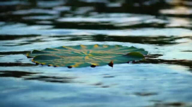 A lily pad floats on rippling water, reflecting light with a pattern of waves. The image captures the essence of nature's peace