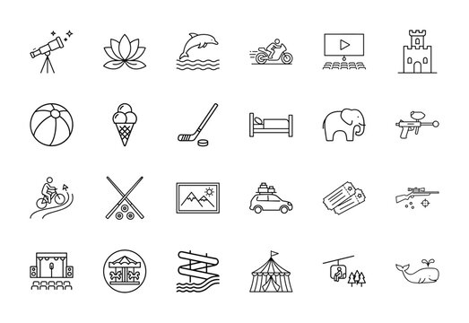 Leisure and entertainment outline icon set. Vector pictograms of telescope, dolphin, motorcycle, cinema, castle, beach ball, ice cream, carousel, waterslide, thin linear illustration.