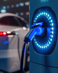 Electric car charging plug inserted into vehicle at modern EV station with glowing blue light ring