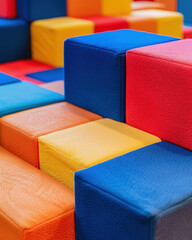 Colorful interlocking foam blocks arranged in a stack with vibrant colors and playful texture