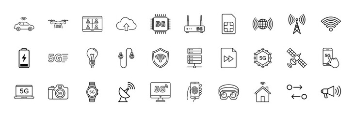 Telecommunication 5g line icon set. Vector pictograms of connected car, drone, chip, router, sim, antenna, satellite, smartphone, laptop, smartwatch, smart home, thin linear illustration.