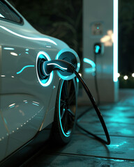Electric car charging at station with glowing cable connection and futuristic lighting
