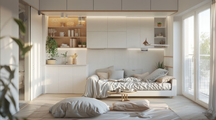 Minimalist bedroom interior with beige palette, cozy bedding and sunlight streaming through window