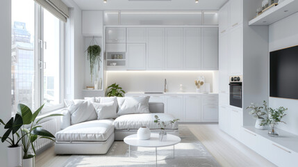 Bright modern white living room and kitchen interior with minimalist furniture and large windows