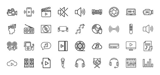 Fototapeta premium Media and entertainment line icon set. Vector pictograms of recording devices, playback equipment, audio, video, film, and music instruments, thin linear illustration.