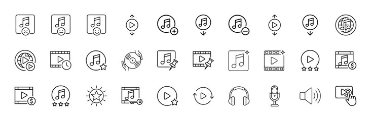 Music and video line icon set. Vector pictograms of musical notes, play buttons, headphones, microphone, speaker, records, media players, and ratings, thin linear illustration.