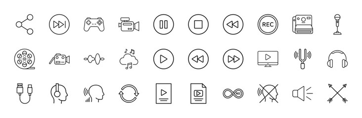 Multimedia entertainment line icon set. Vector pictograms of share, gamepad, video camera, microphone, headphones, film reel, sound wave, play controls, thin linear illustration.