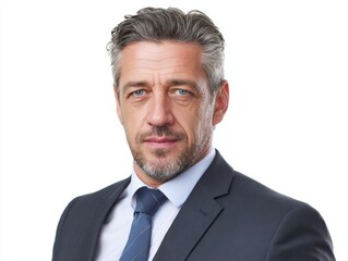 Confident middle aged business man manager entrepreneur, mature professional executive, businessman leader male investor wearing suit looking at camera isolated on white background, headshot portrait