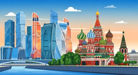 moscow cityscape illustration featuring st basils cathedral and modern skyscrapers symbolizing russian architecture and urban development ideal travel backgrounds