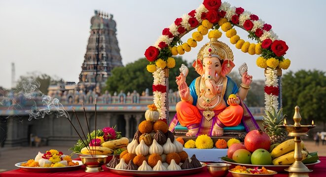 Vibrant Ganesha idol adorned with flowers, surrounded by offerings of modaks, fruits, and burning incense sticks before a majestic temple.