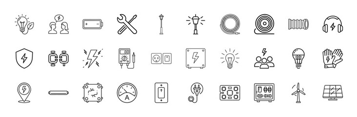 Electrical engineering line icon set. Vector pictograms of light bulb, battery, tools, multimeter, wall socket, electrical panel, wind turbine, and solar panel, thin linear illustration.
