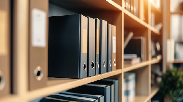 Office shelves hold binders and files with warm light illuminating the scene.