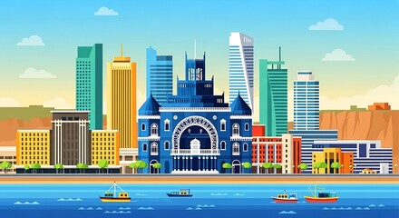 Skyline cityscape illustration featuring landmark architecture against clear blue skies and ocean views ideal for showcasing tourism and urban development.