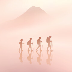 Obraz premium People with trekking poles. Family travel. Mountain silhouette in fog