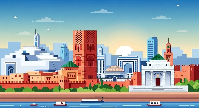 skyline of rabat morocco showcasing kasbah of the udayas and hassan tower along bouregreg river at sunrise perfect for travel blog background