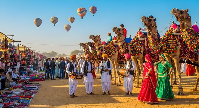 Vibrant camel caravan parade with musicians and hot air balloons at a lively Indian desert festival, offering cultural immersion and adventure