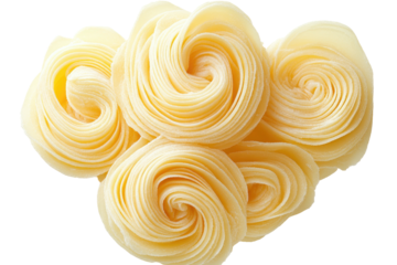 Creamy white rosette forms, softly swirled, layered spirals