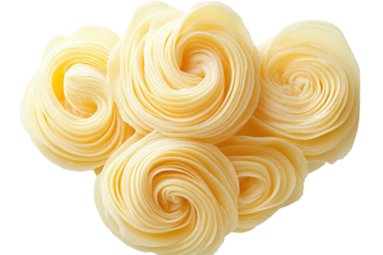 Creamy white rosette forms, softly swirled, layered spirals