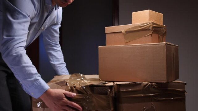 Man carefully lifting moving boxes preparing for relocation