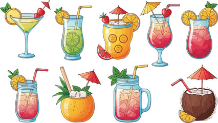 Tropical drink illustration, summer cocktail vector, fruity beverages, beach party clipart, colorful drink icons, refreshing mixology design, vacation vibes