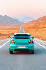 Fototapeta premium Teal hatchback car captured from behind on an open road, surrounded by scenic mountains and golden fields, showcasing a serene driving experience in nature