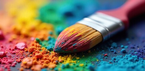 Obraz premium Vibrant Multicolored Paintbrush Ready for Artistic Expression Close-up Detail of Bristles and Rich Colors