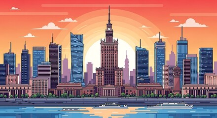 Warsaw Skyline Illustration Sunset With