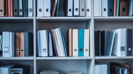 Shelves filled with colorful ring binders and files in an office setting.