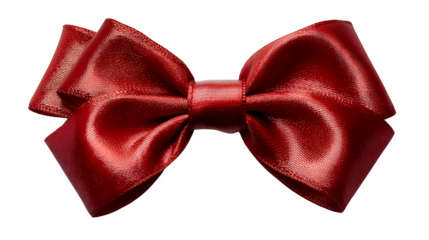 Elegant satin red ribbon bow with glossy highlights and subtle shadow, perfect for greeting card design isolated on white background