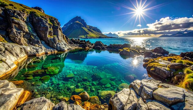 Discover the breathtaking beauty of turquoise waters meeting dramatic cliffs and distant mountains under the radiant sun, inviting exploration and serenity in this stunning coastal landscape