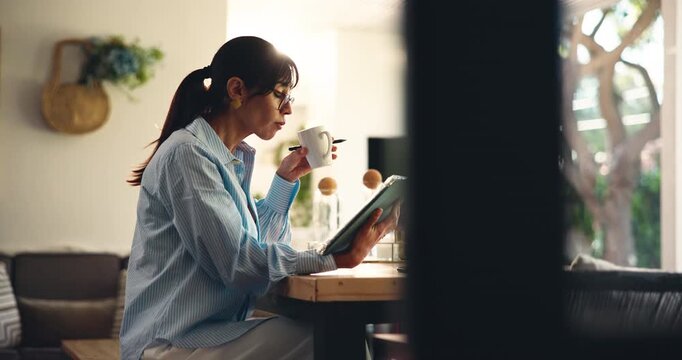 Home, proofreading and woman with tablet, coffee and planning for manuscript on web and remote work. Editing, ebook and mature person with warm tea, freelancer or author with tech, flare and online