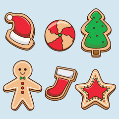Cute gingerbread cookies set Christmas vector. Holiday sugar cookie icons isolated on soft blue background. Cartoon vector illustration. Gingerbread christmas tree, star, man, etc.