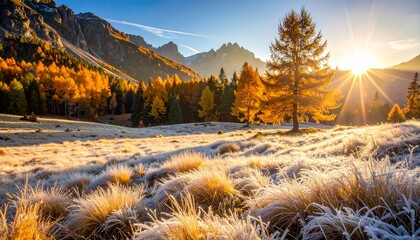 Breathtaking sunrise over majestic mountains and golden autumn foliage, frosty meadow glistening in early morning light, a serene and peaceful landscape perfect for travel and nature inspiration