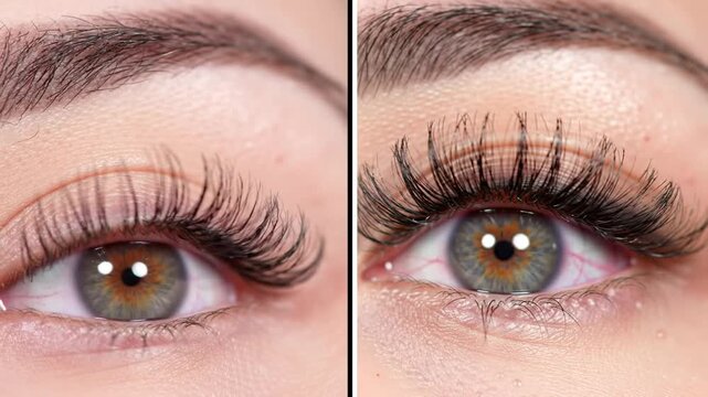 Close-up comparison showcasing the transformative effect of eyelash extensions on a person's eyes, highlighting the difference between natural and enhanced lashes