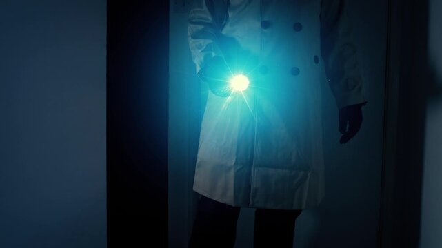 Man Walks Around Corner And Shines Flashlight
