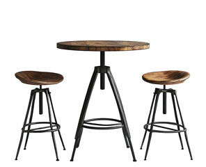 Rustic round table & two stools; wood & metal, against black