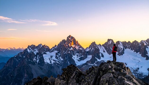 Majestic mountain peaks bathed in golden sunlight as hiker reaches summit, inspiring adventure and outdoor exploration, perfect for travel blogs and nature publications