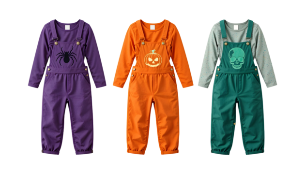 Halloween Kids Outfits PNG – Spider, Pumpkin, Frankenstein Overalls with Matching Shirts