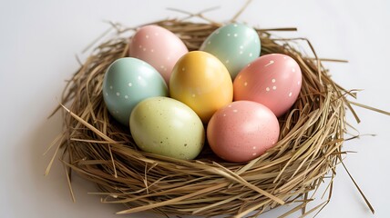 Obraz premium Pastel easter eggs in nest on white background for easter holiday celebration