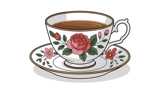 floral teacup with tea on saucer clip art preview