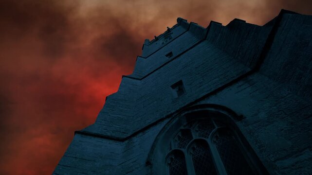 Medieval Tower With Fiery Sky Behind War Scene
