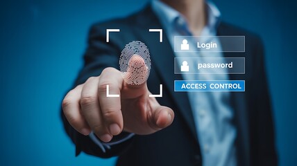 Man using fingerprint scan for access control on blue background, security