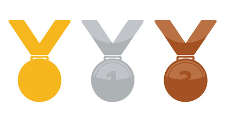Flat vector illustration of gold, silver, and bronze award medals, representing first, second, and third place achievement. These symbols signify victory, success, and recognition in competitions