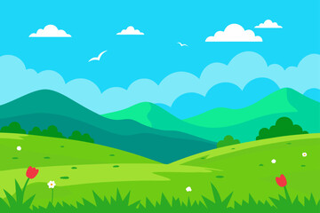 Obraz premium Scenic landscape with mountains and green meadow view