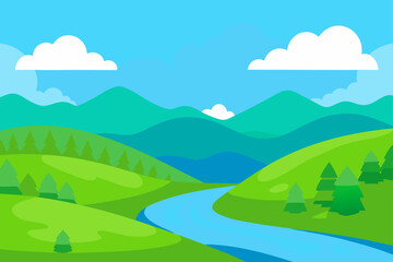 Fototapeta premium Cartoon landscape with river hills and clouds view