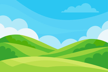 Cartoon landscape with green hills and cloudy sky