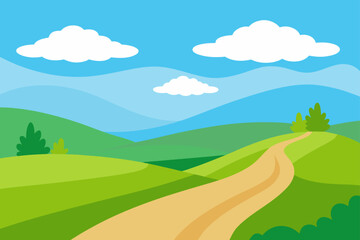 Obraz premium Cartoon landscape with path hills and clouds above