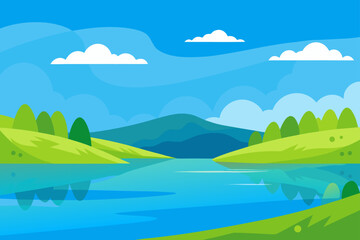 Fototapeta premium Illustration of a lake with mountains and trees view