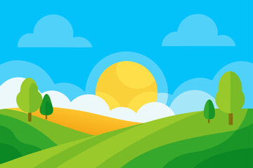 Cartoon landscape with hills sun and some clouds