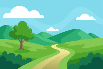 Obraz premium Landscape with winding path tree hills and clouds